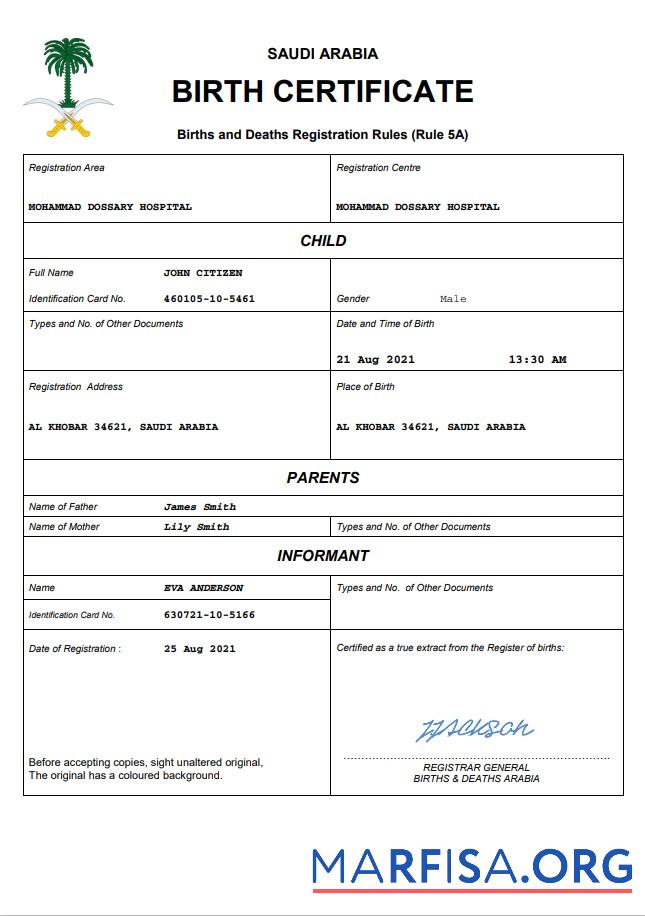 Blank Saudi Arabia birth certificate Word and PDF template